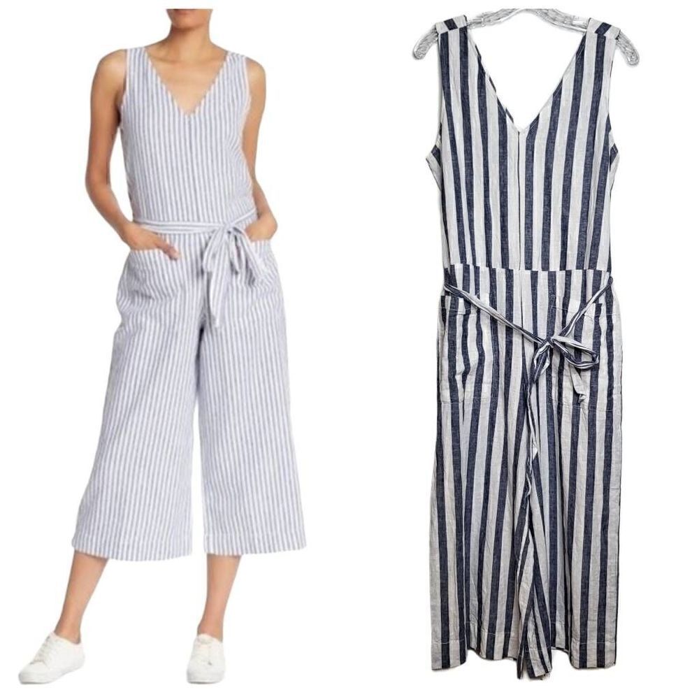 Beachlunchlounge Linen Blend Stripe Blue White Jumpsuit Size Medium